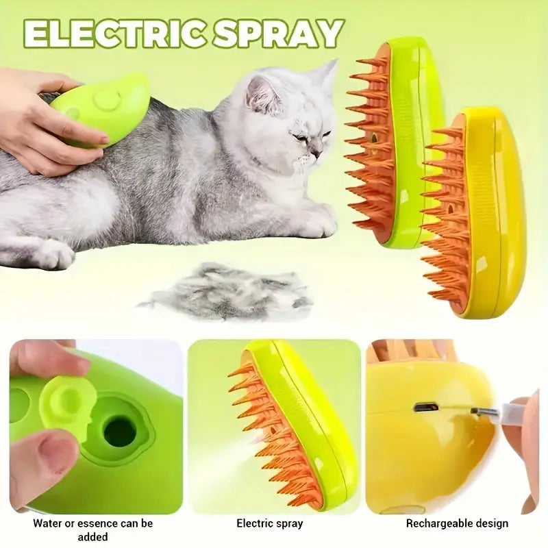 3-in-1 Self-Cleaning Steam Brush for Cats & Dogs - USB Rechargeable, Massage & Deshedding Too