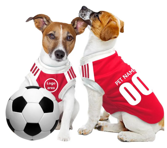Two dogs wearing red sports jerseys with a soccer ball on a white background